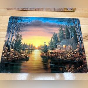 Lakeside Cabin Tempered Glass Cutting Board 12”x16”. Sunset Scene.